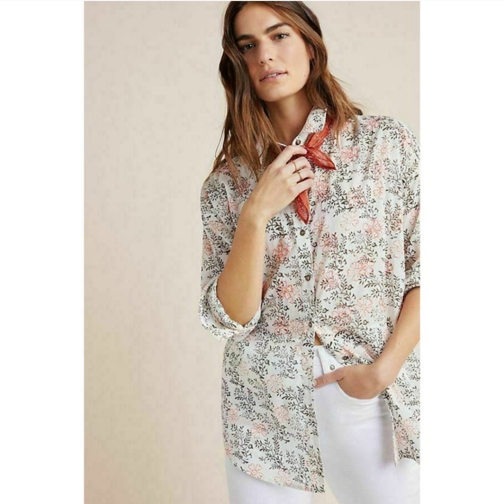 Anthropologie Enchanted Floral Embroidered Cotton Button Down M/L